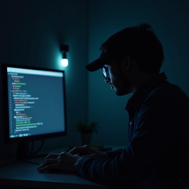 Lente de câmera escondida focando em uma pessoa usando um computador, representando a vigilância na Dark Web.