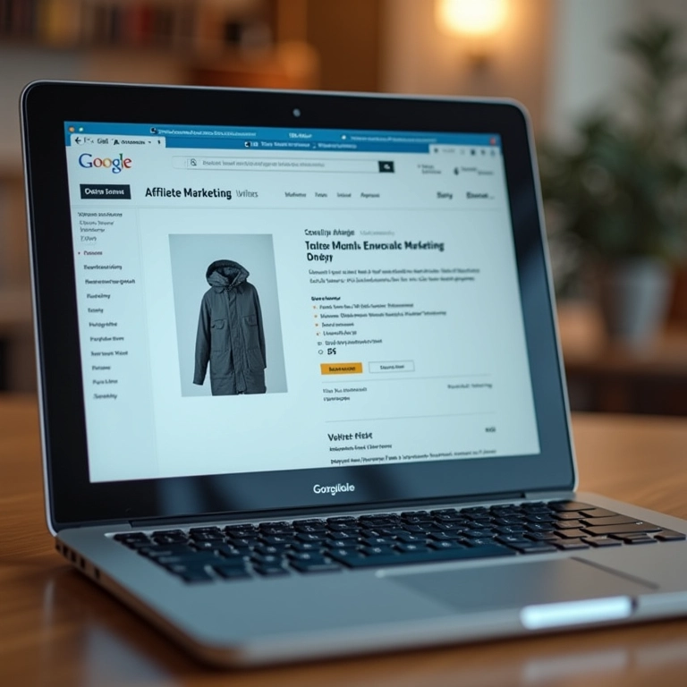Link de afiliado com a tag 'nofollow' visível em um laptop.