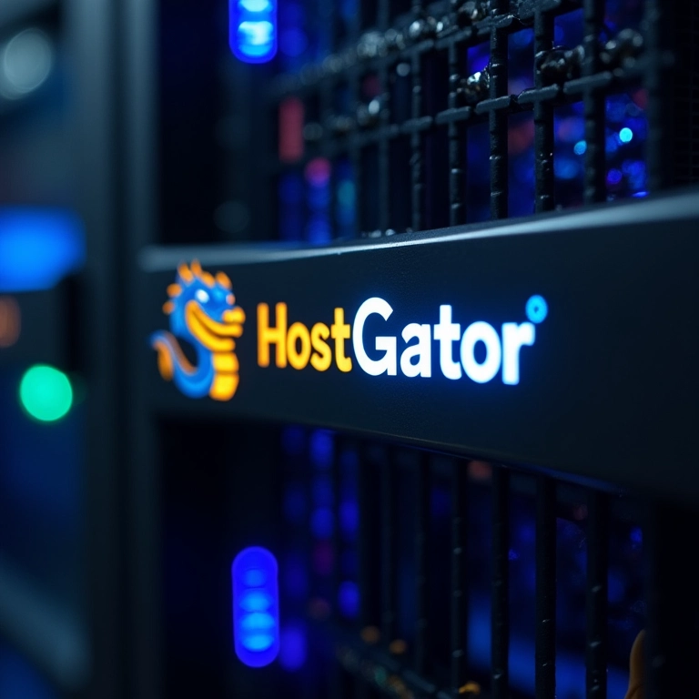 Logo da HostGator em um rack de servidores.