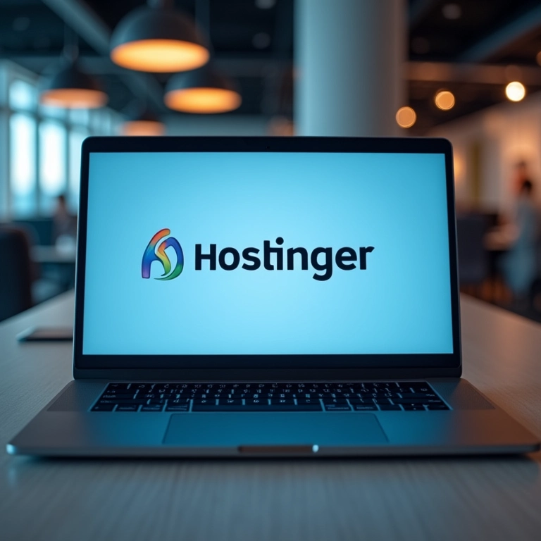 Logo da Hostinger na tela de um laptop com um fundo de escritório moderno.