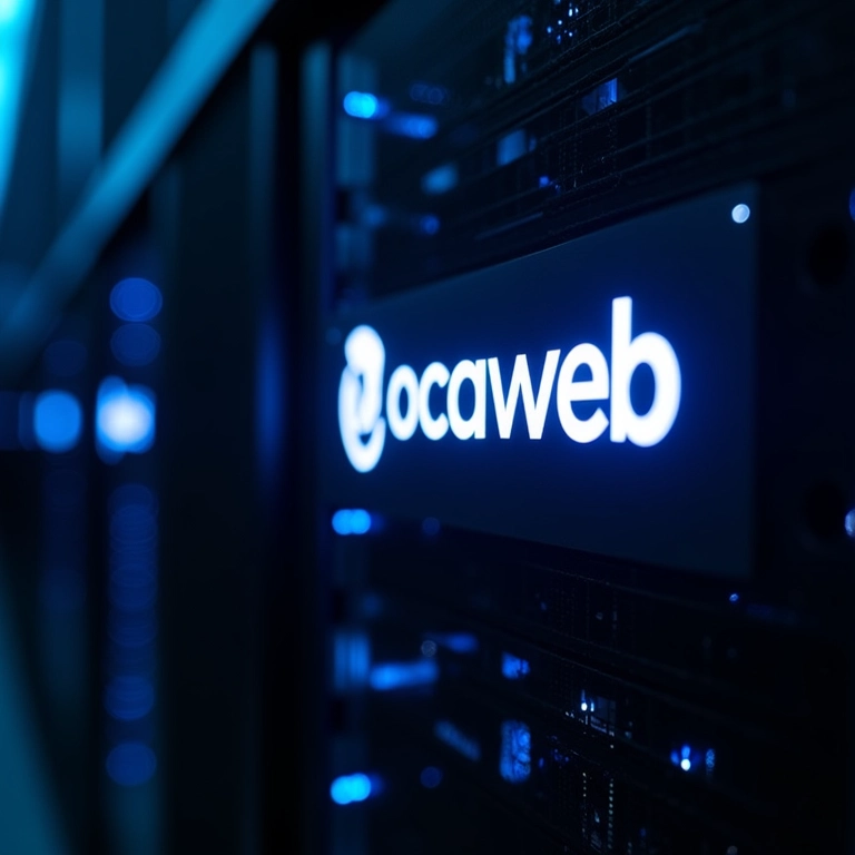 Logo da Locaweb iluminado em servidor.