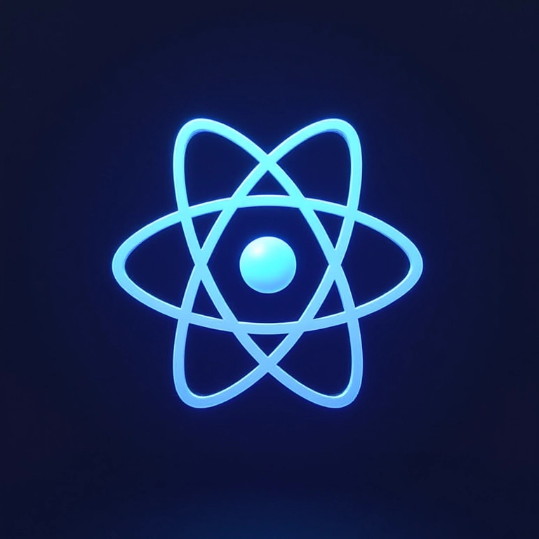 Logo do React integrado em um design de página web com componentes interativos.