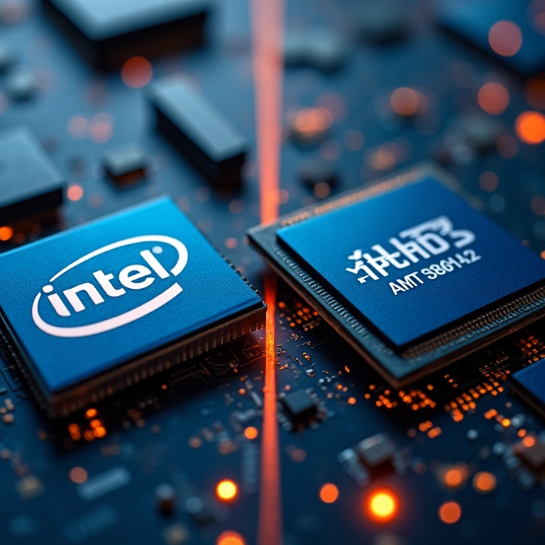 Logotipos de chipsets Intel e AMD lado a lado.