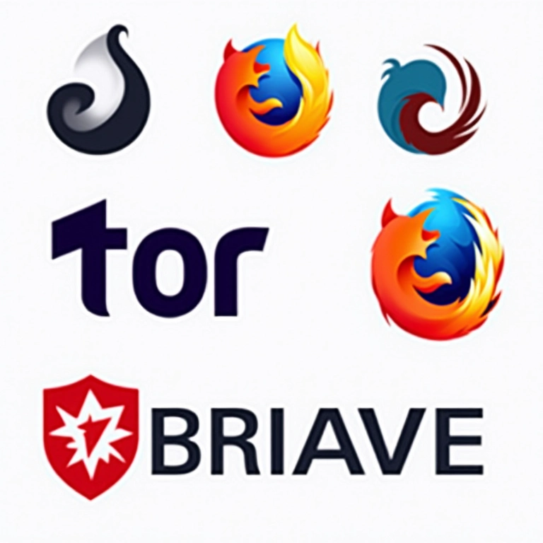 Logotipos de navegadores seguros: Tor, Firefox, Brave.
