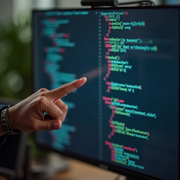 Mão apontando para código de depuração em tela de computador, dica de especialista.