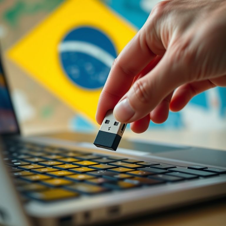 Mão formatando um pen drive em um laptop com fundo vibrante.