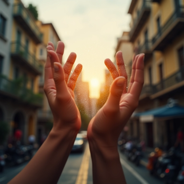 Mãos alcançando fragmentos de dados digitais, representando a coleta onipresente de dados.