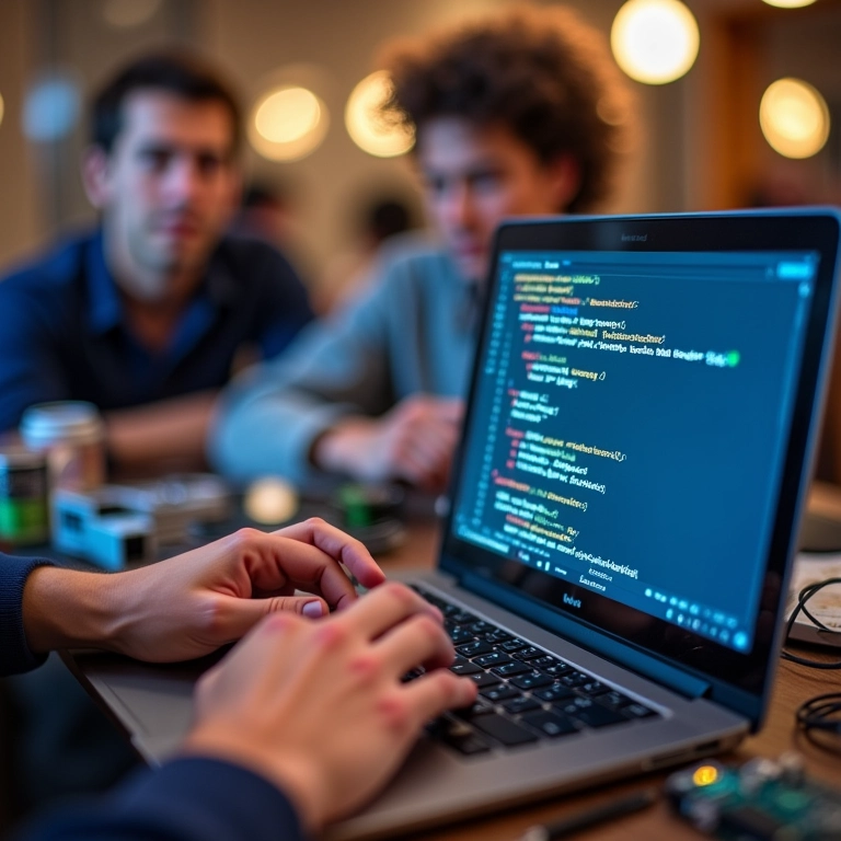 Mãos digitando código MicroPython em um laptop, com uma comunidade colaborativa ao fundo.