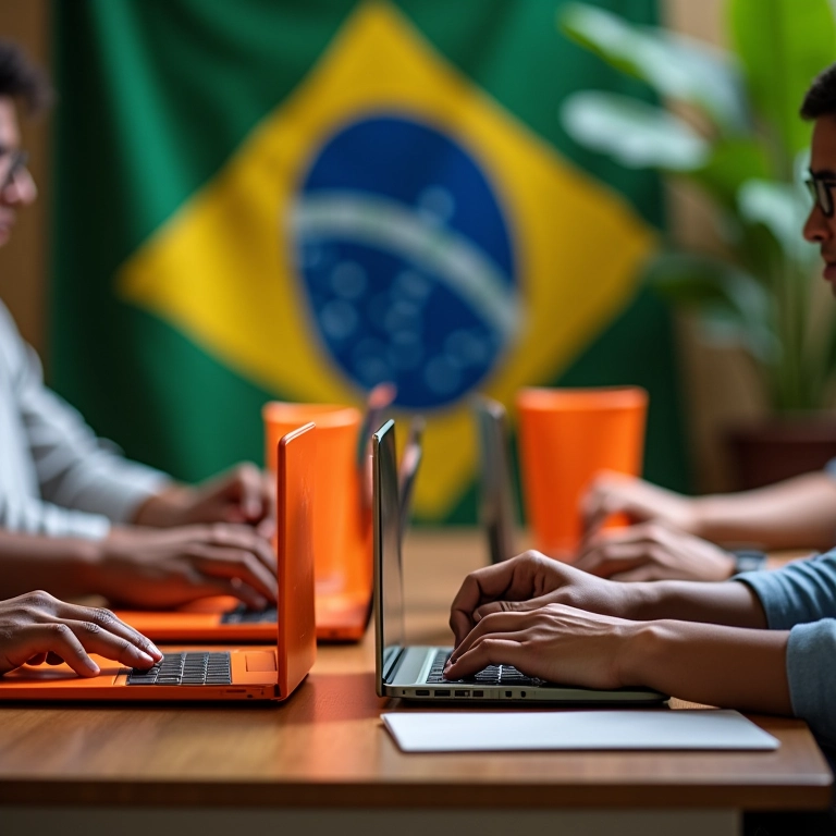 Mãos diversas colaborando em laptops coloridos programando, conceito de programação infantil.