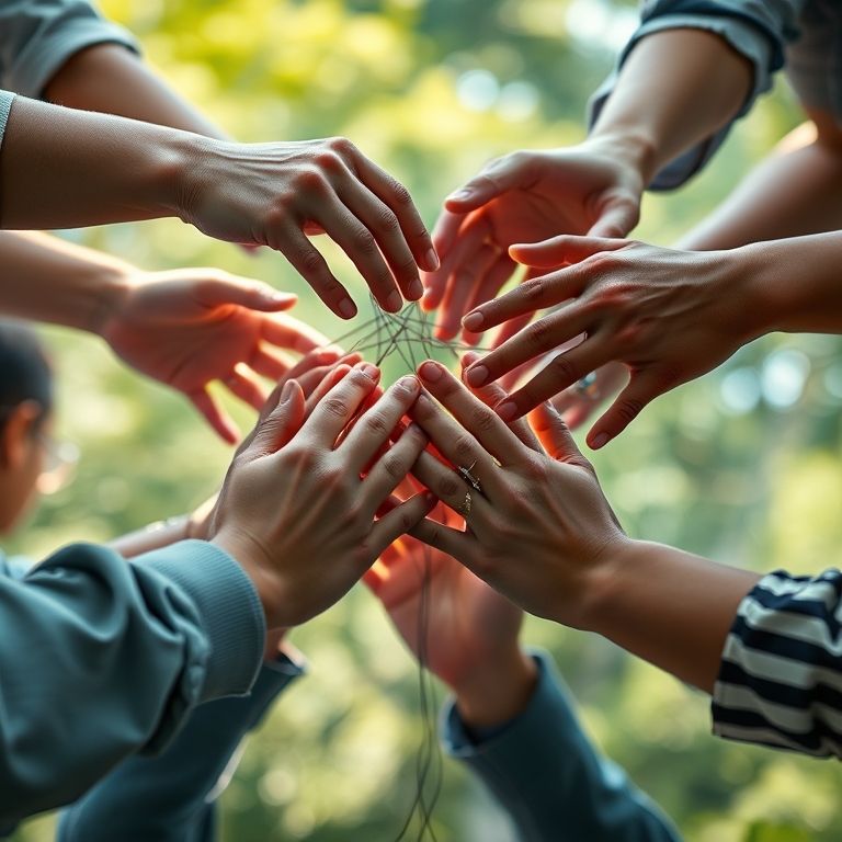 Mãos diversas colaborando na construção de uma estrutura digital, representando o conceito de Open Source.