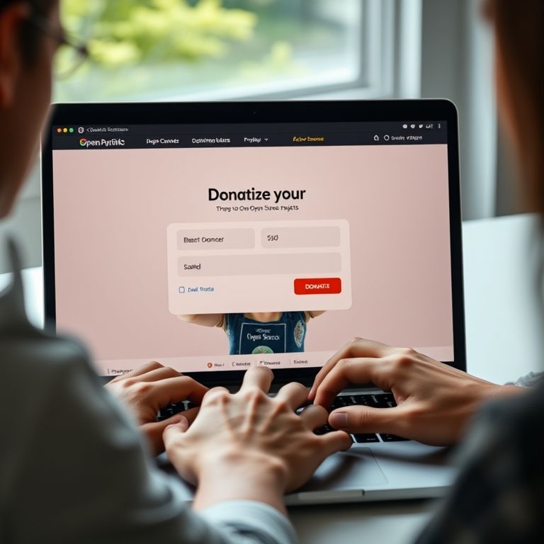 Mãos diversas doando para projetos Open Source através de plataformas online.