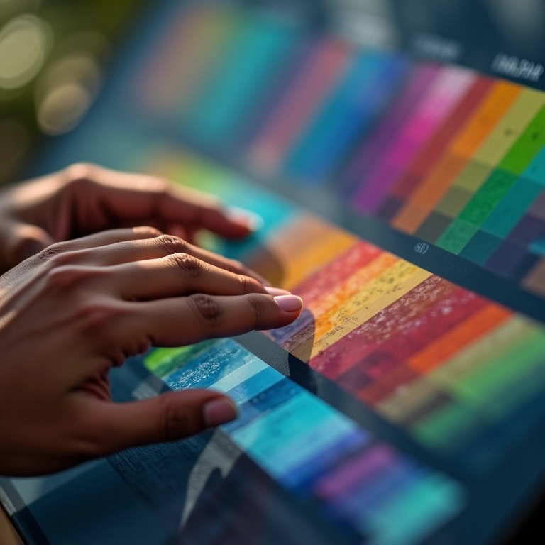 Mãos diversas escolhendo paletas de cores em tela digital para design de UI.
