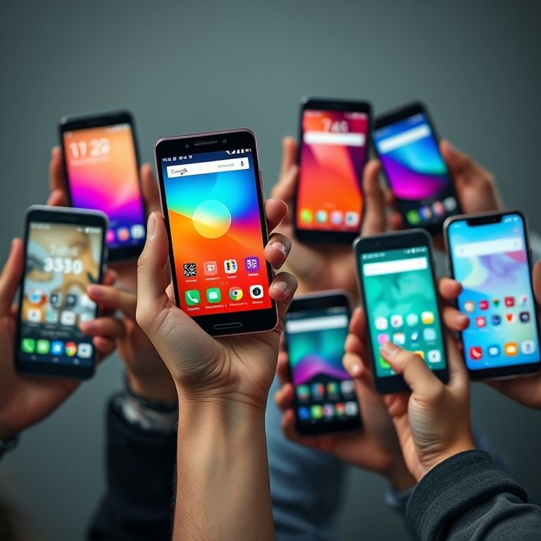 Mãos diversas segurando celulares Android mostrando diferentes aplicativos.