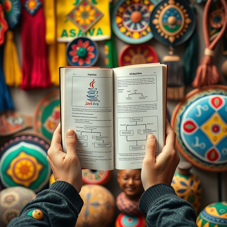 Mãos segurando livro de Java com diagramas de estruturas de dados.