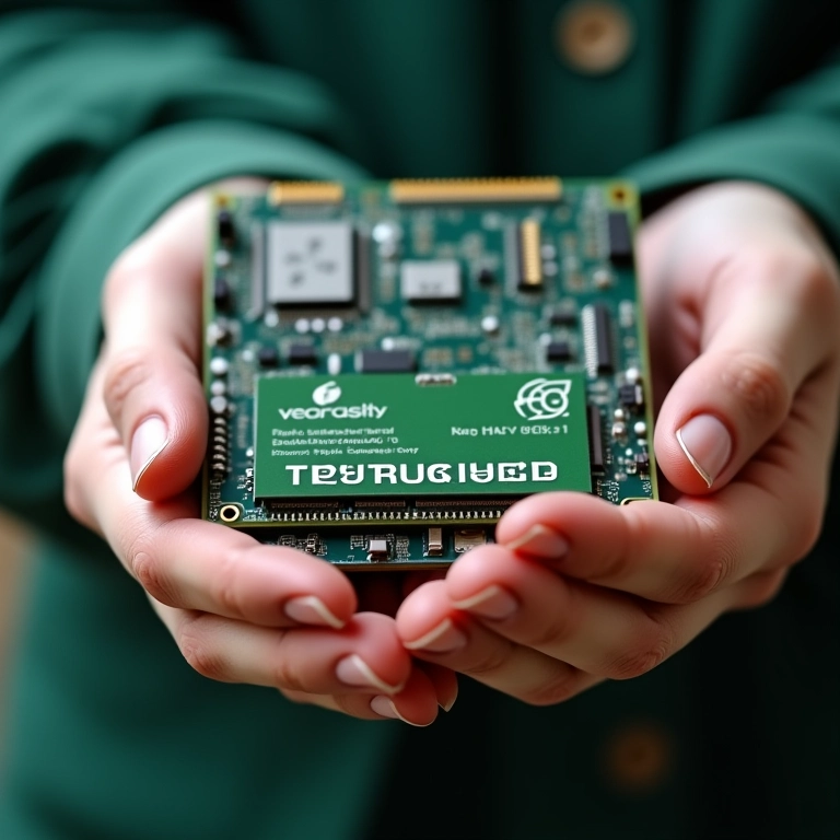 Mãos segurando peça de PC recondicionado com embalagem ecológica.