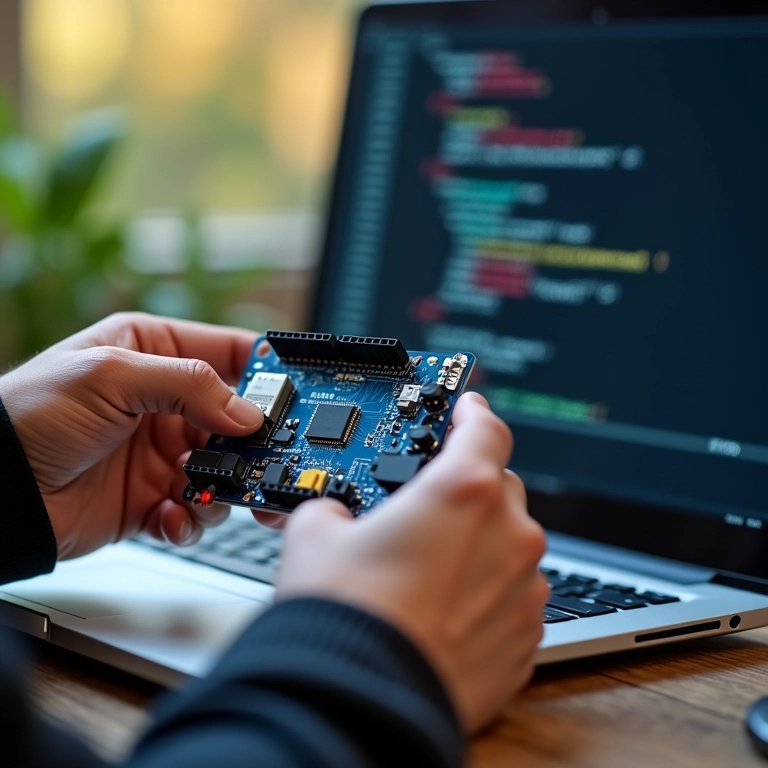 Mãos segurando placa de desenvolvimento com sensores e microcontroladores.
