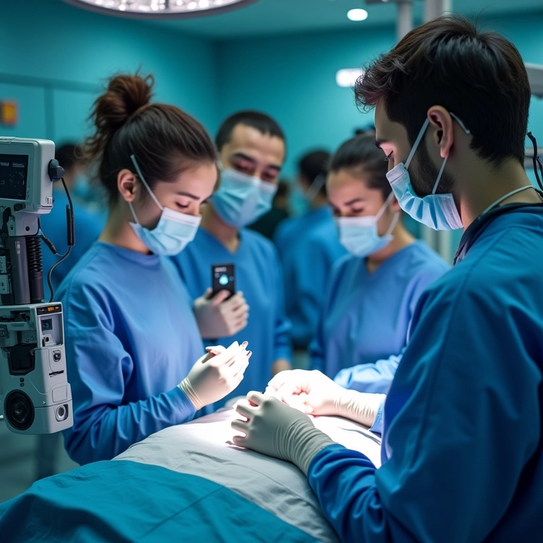 Médico realizando cirurgia remota com auxílio de robô e tecnologia 5G.