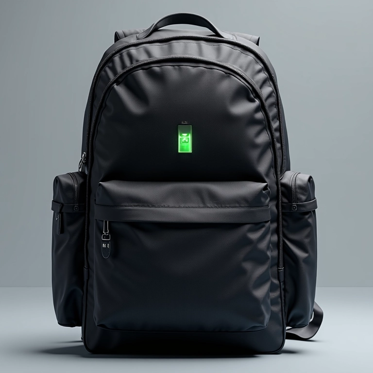 Mochila com portas de carregamento e bolsos para dispositivos.