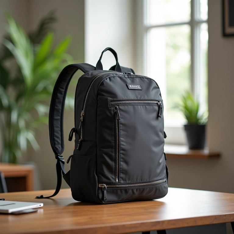 Mochila e case estilosos em mesa moderna com design brasileiro.