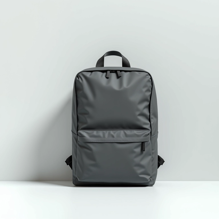 Mochila e case minimalistas em superfície branca.