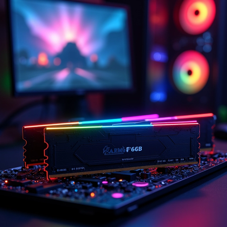 Módulos de memória RAM de 16GB instalados em placa-mãe, com iluminação RGB.