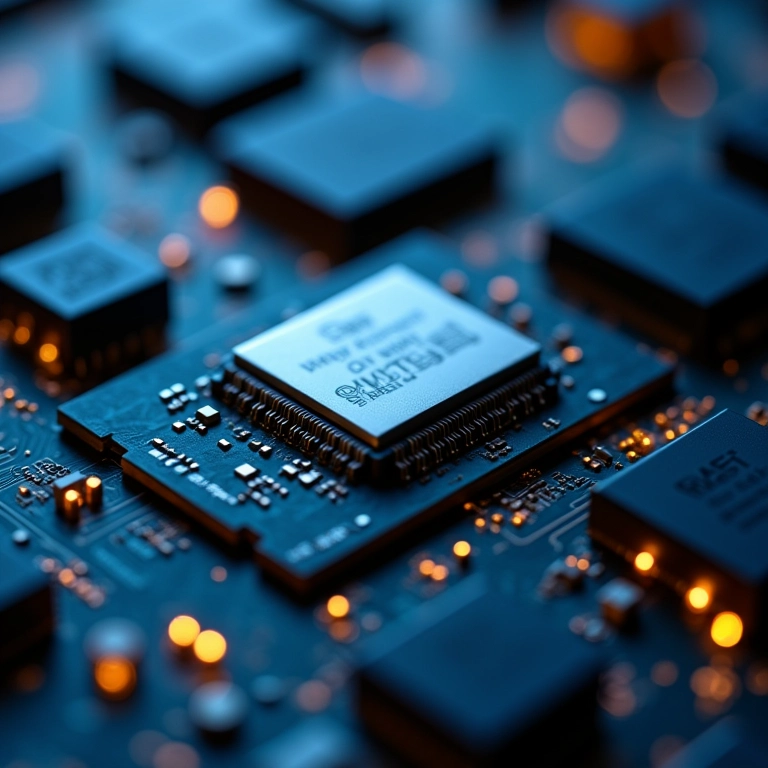 Módulos de memória RAM e CPU de um servidor em close-up.