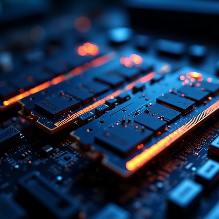 Módulos de memória RAM instalados em uma placa-mãe, brilhando suavemente.