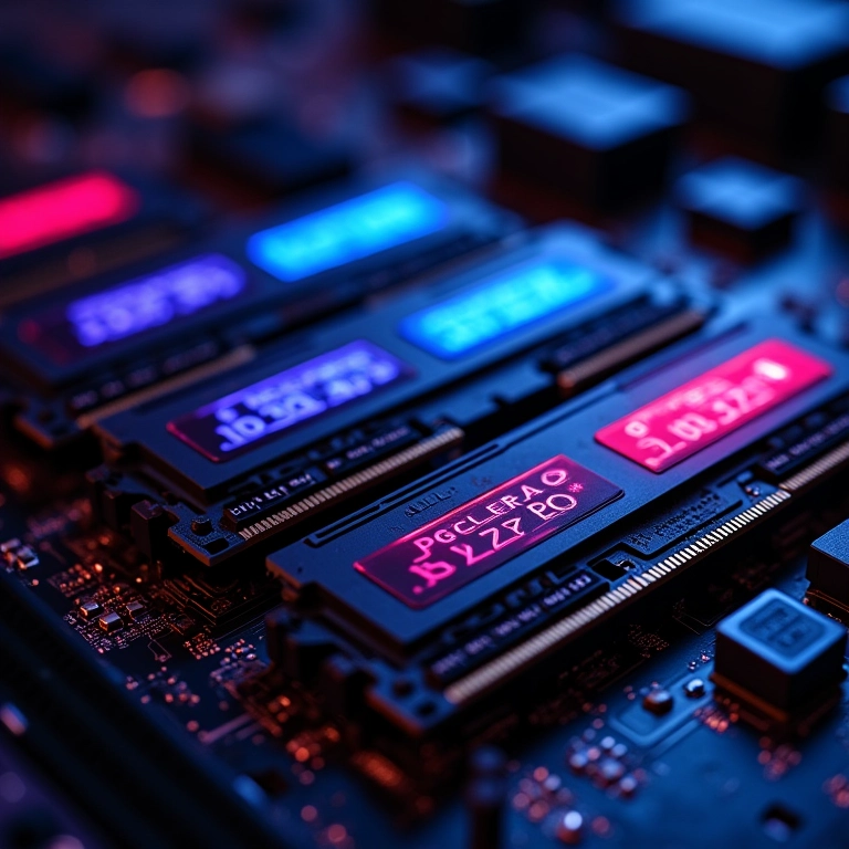 Módulos de memória RAM instalados em uma placa-mãe, demonstrando a importância da capacidade e velocidade.
