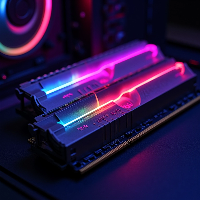 Módulos de memória RAM RGB instalados em um PC gamer de alta performance.