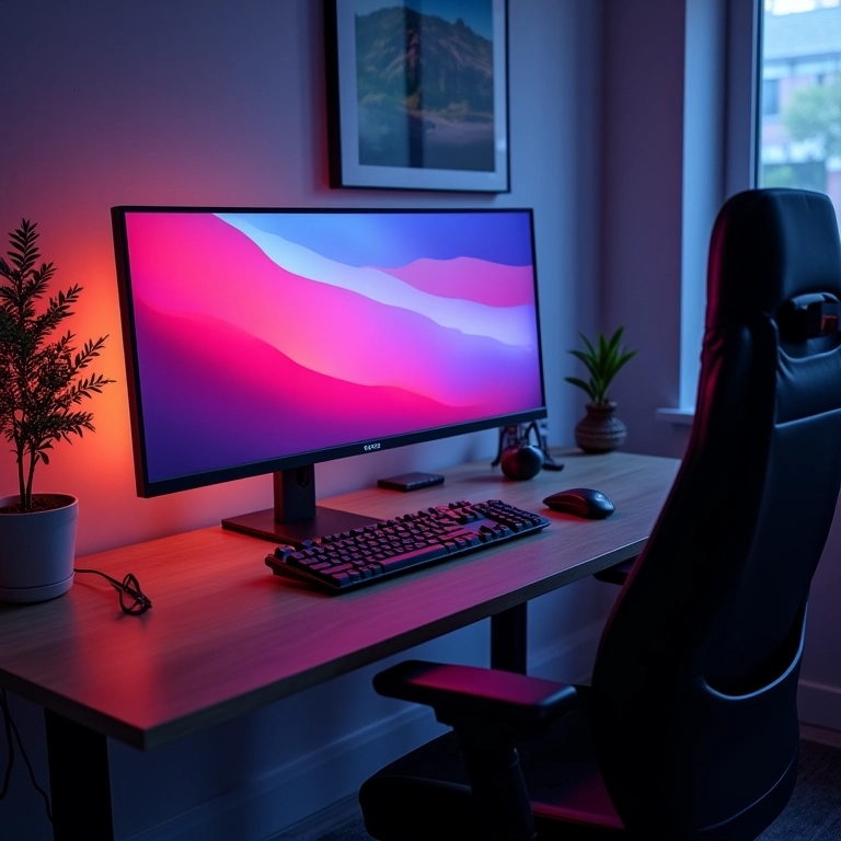 Monitor de PC calibrado exibindo cores vibrantes em ambiente de trabalho moderno.