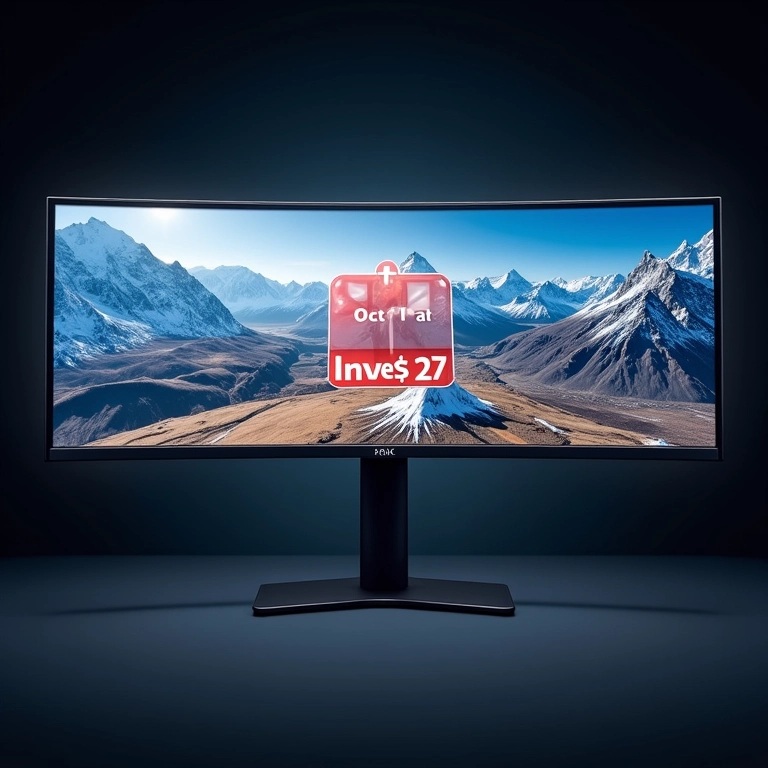 Monitor ultrawide com uma etiqueta de preço, representando o custo elevado.
