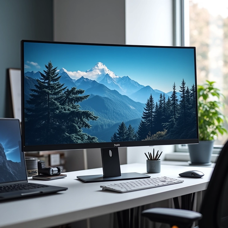 Monitor ultrawide Dell UltraSharp U4919DW em uma mesa organizada, destacando seu tamanho.