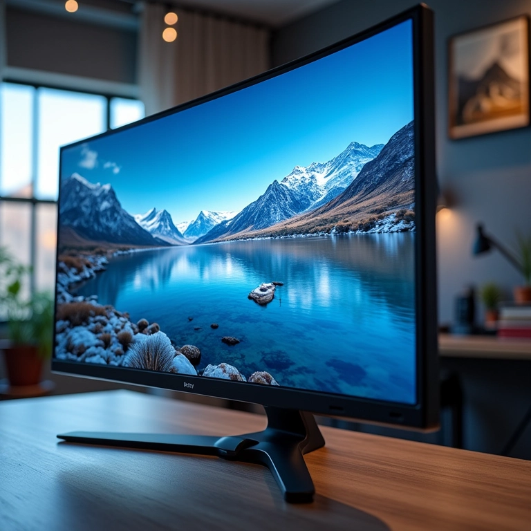 Monitor ultrawide exibindo imagens e texto em alta resolução.