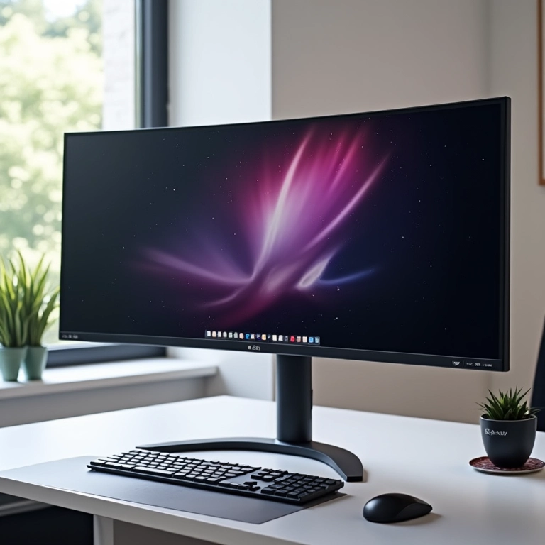 Monitor ultrawide LG 34WL500 em uma mesa moderna, destacando seu design elegante.