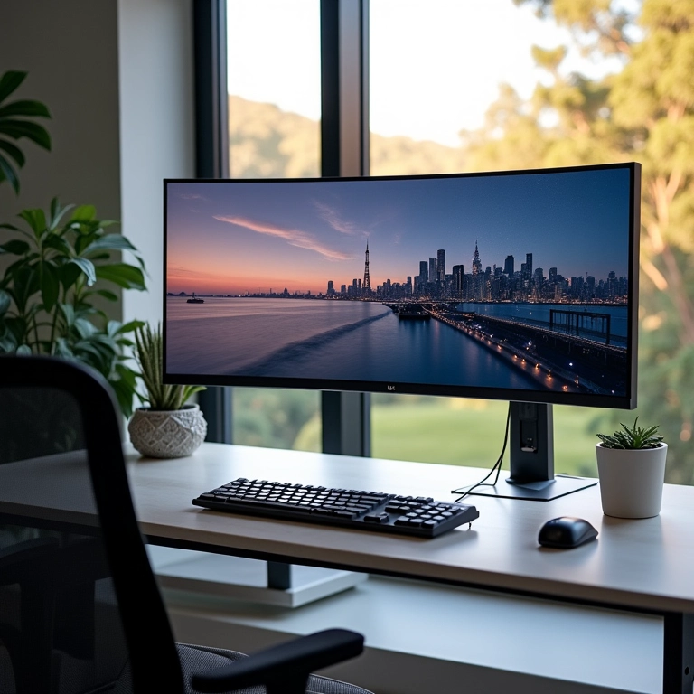 Monitor ultrawide ocupando espaço considerável em uma mesa de trabalho.