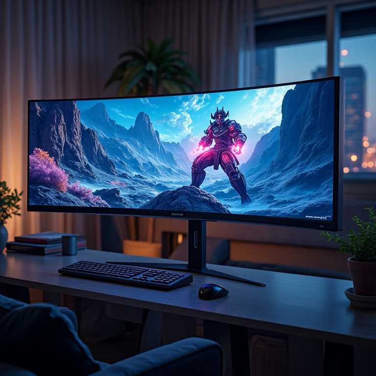 Monitor ultrawide Samsung Odyssey G9 mostrando um jogo e um software de design profissional.