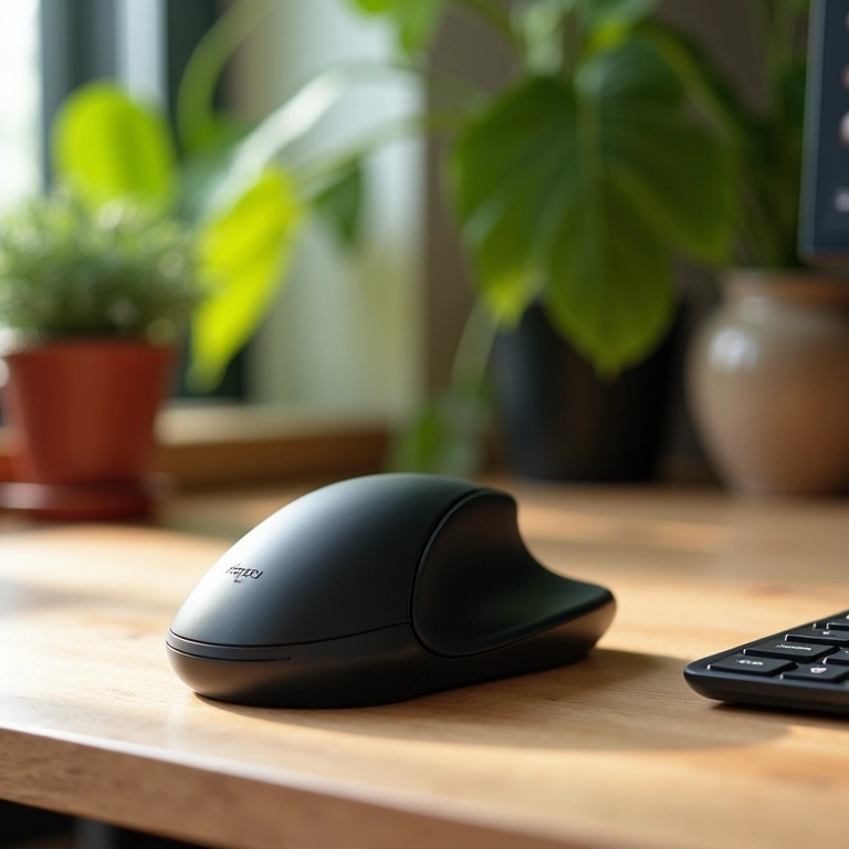 Mouse vertical ergonômico em mesa de escritório moderna com decoração brasileira.