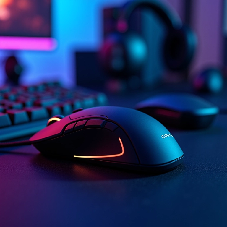 Mouse vertical gamer em setup de PC de alta performance com iluminação RGB.