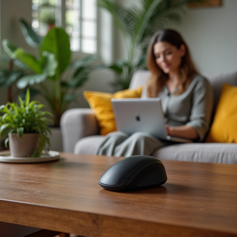 Mouse vertical sem fio em mesa de centro de sala com decoração brasileira e mulher usando laptop.