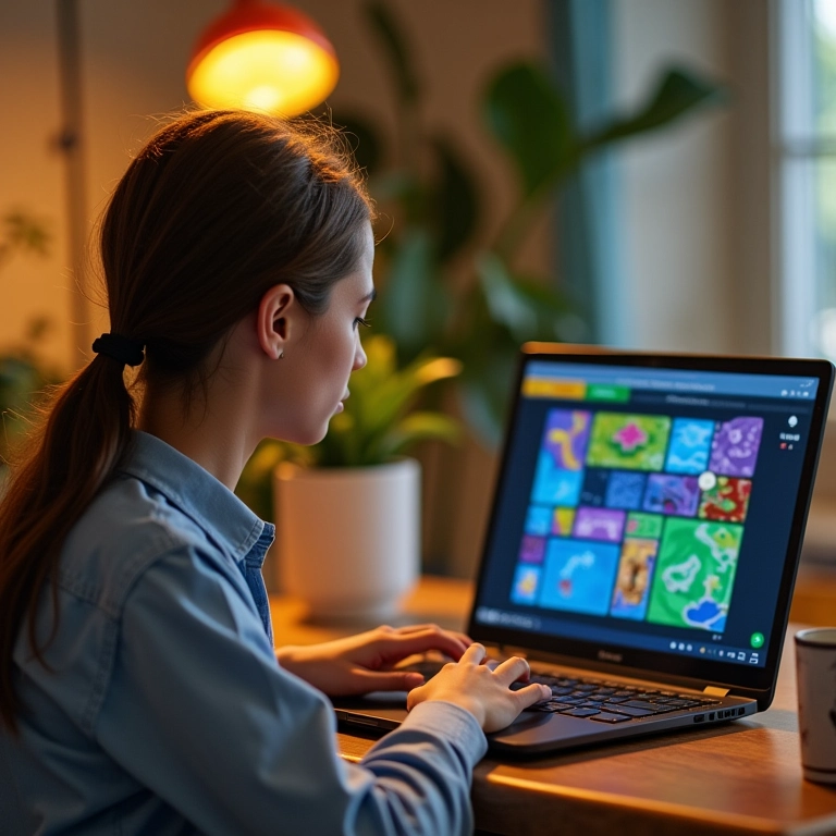 Mulher adulta aprendendo lógica de programação com Scratch em um laptop.