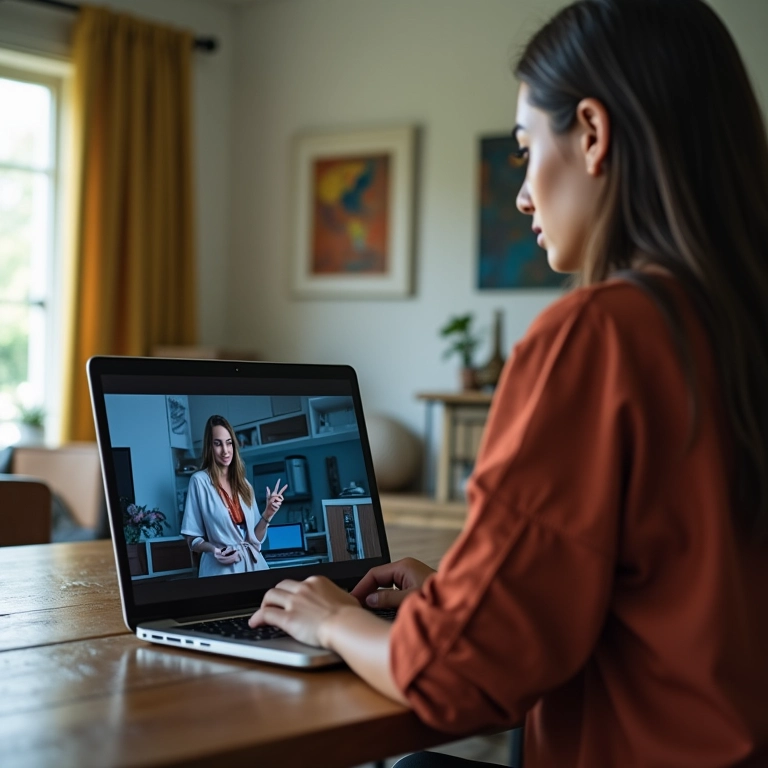 Mulher assistindo vídeo em alta qualidade com ícones de codec ao redor.