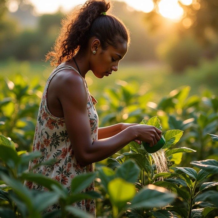 Mulher brasileira regando uma planta, representando paciência.