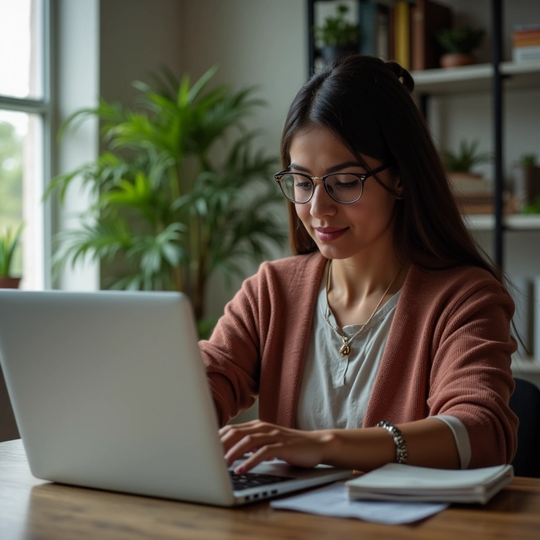 Mulher brasileira respondendo perguntas diretamente no laptop.