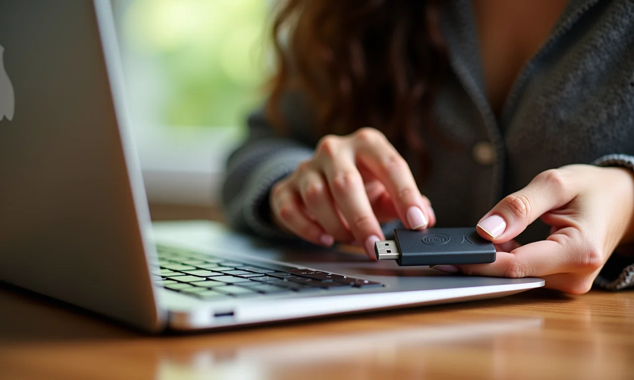 Mulher brasileira usando leitor USB de cartão de memória em casa.