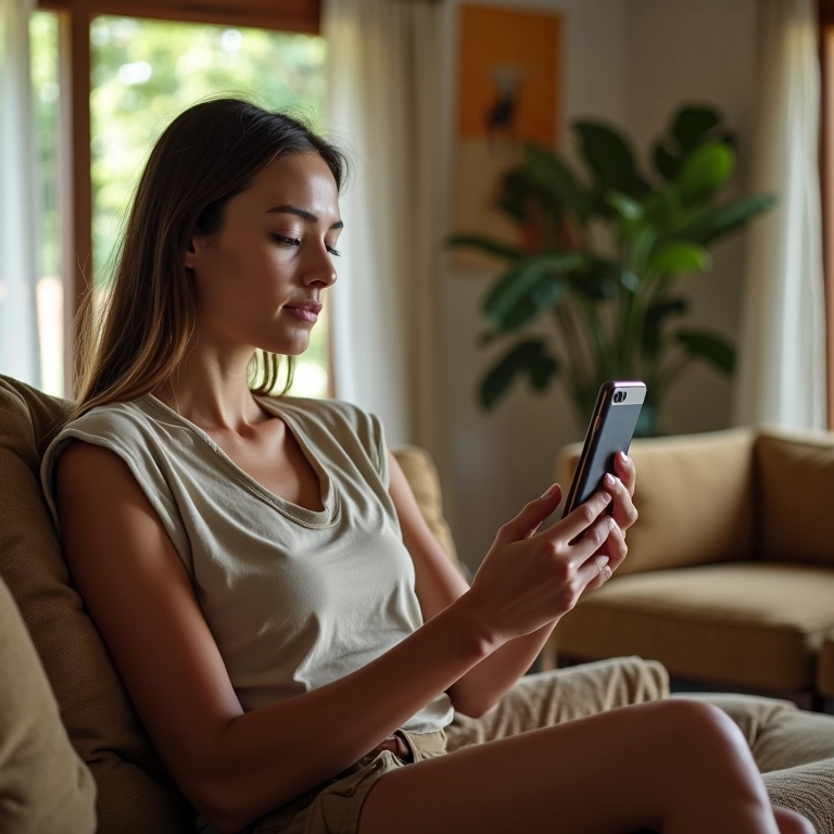 Mulher checando configurações de privacidade de dados no celular em casa.