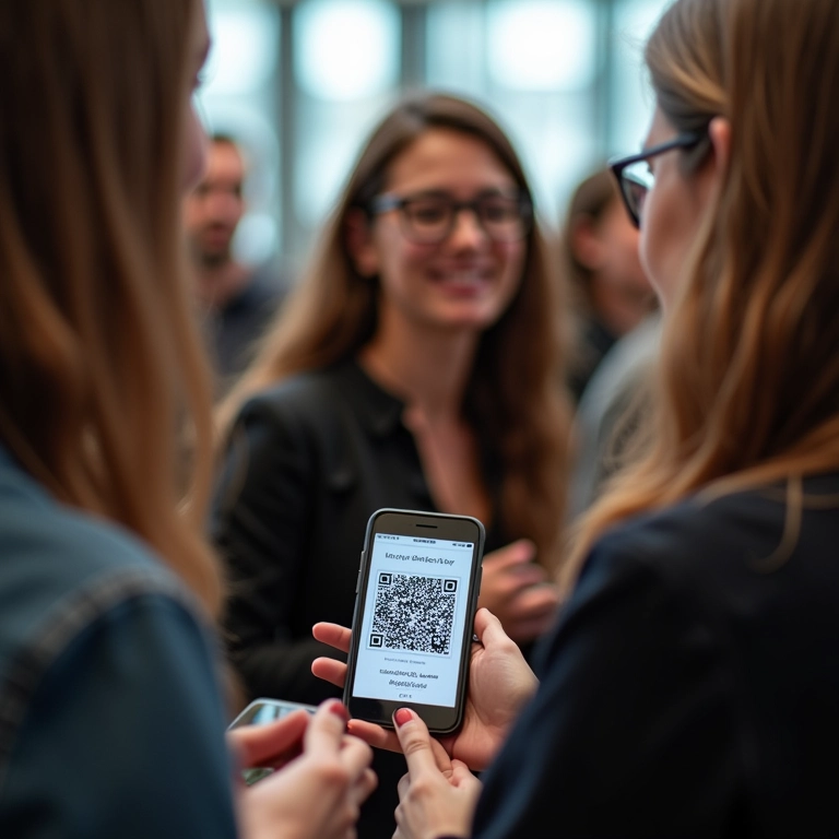 Mulher compartilhando contato via QR code em evento.