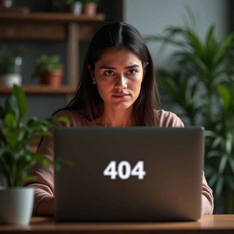 Mulher confusa vendo erro 404 na tela do laptop em escritório estiloso.