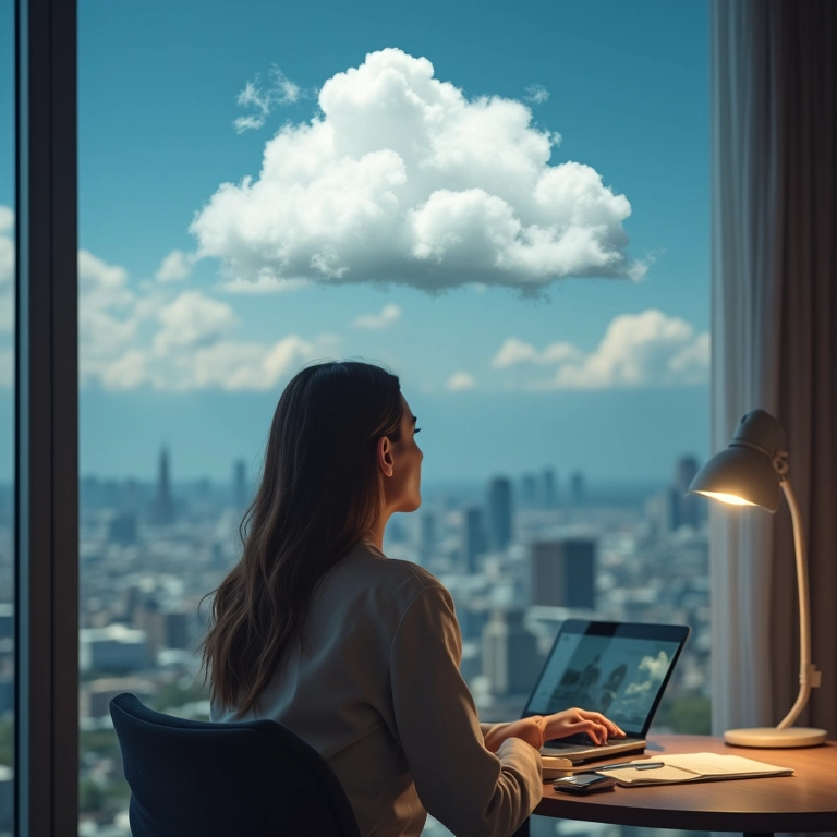 Mulher contemplando ícones de nuvem e armazenamento local.