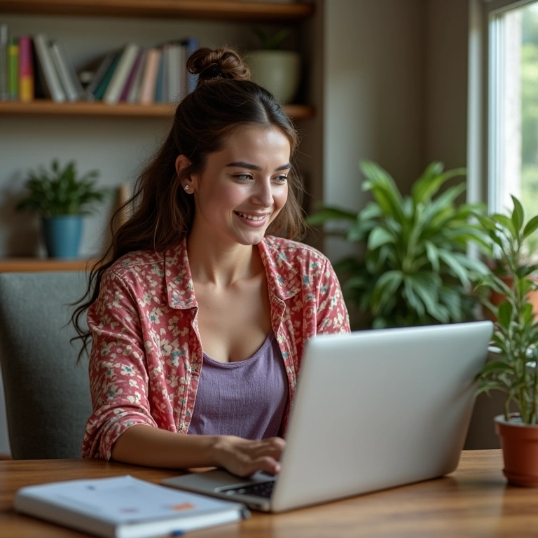 Mulher criando um blog em um subdomínio em seu escritório em casa, decorado com estilo Farm Rio.