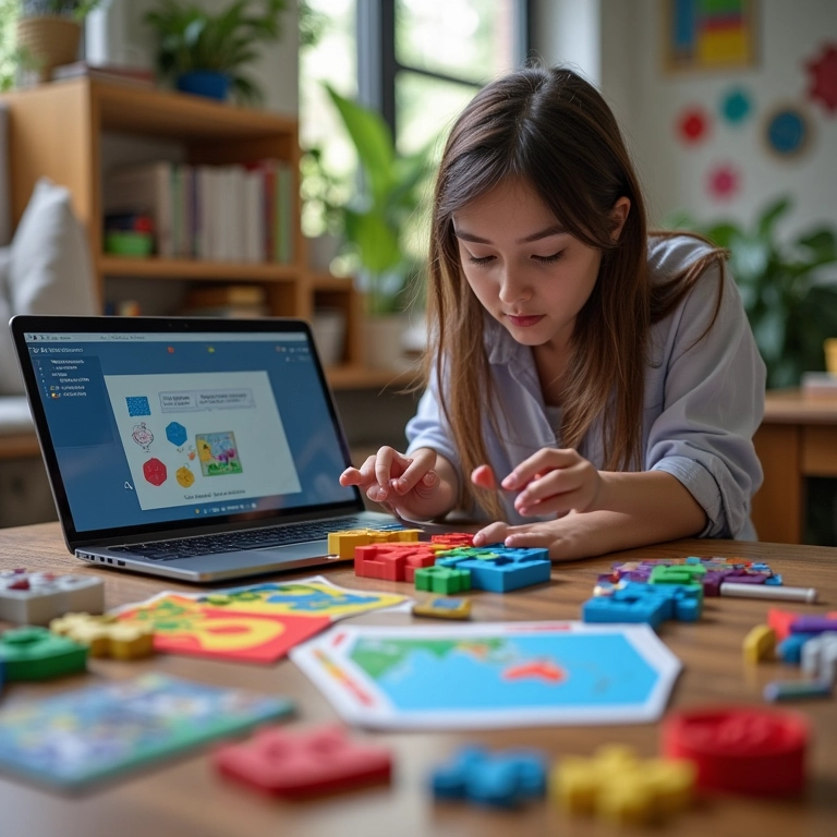 Mulher criando um projeto criativo no Scratch em seu laptop.